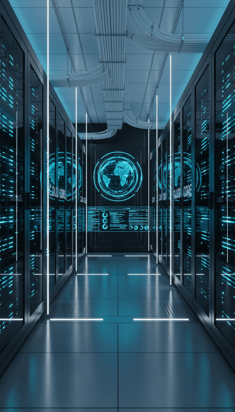 A bright, organized cloud server room with illuminated server racks and clean networking infrastructure, representing reliable digital hosting infrastructure.