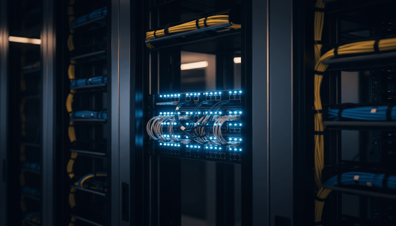 Server hardware with illuminated network connections in a modern data center