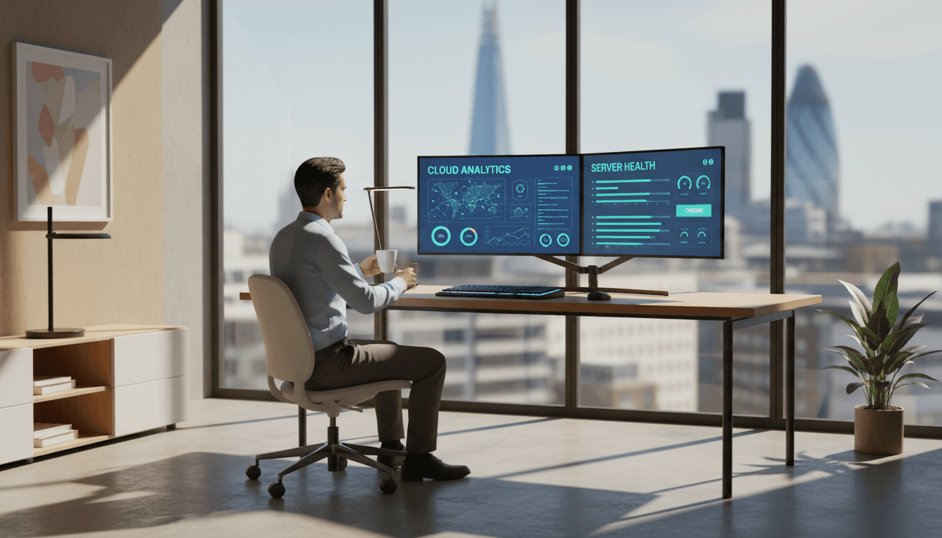 Professional working at a desk with cloud hosting dashboards displayed on monitors